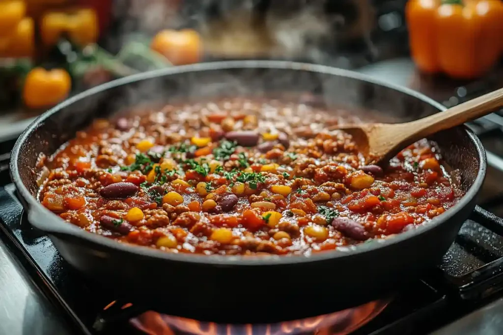 Chili Simmering in a Pot on White Marble