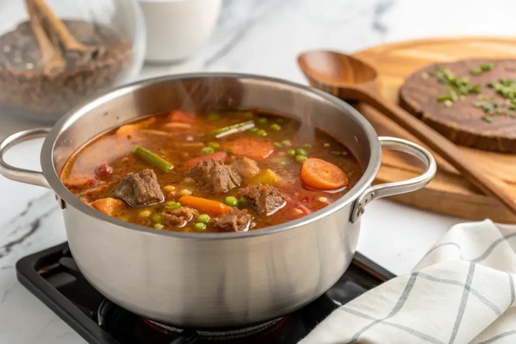 Simmering pot of old fashioned vegetable beef soup