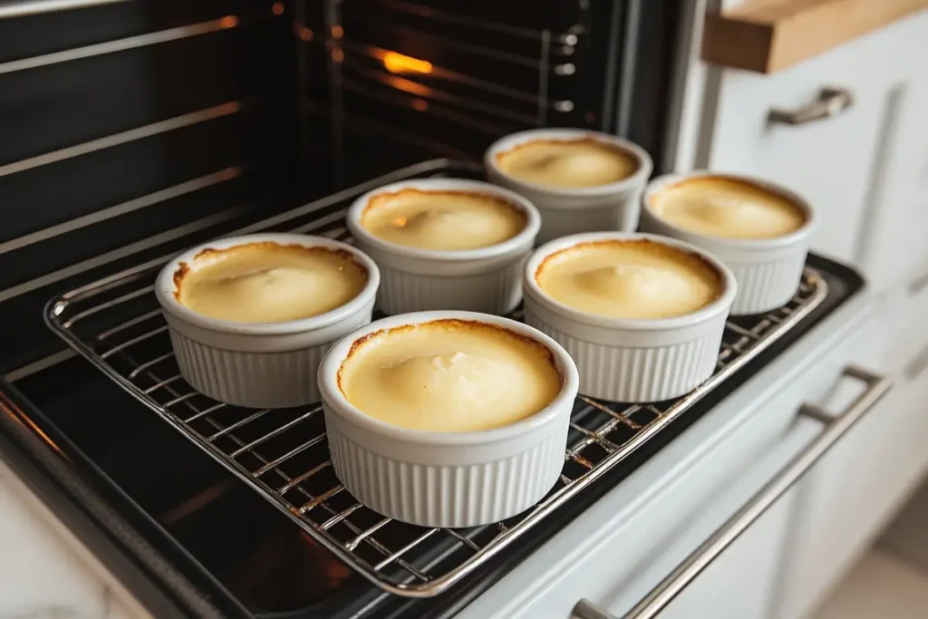 Ramekins filled with custard baking in a water bath inside an oven.