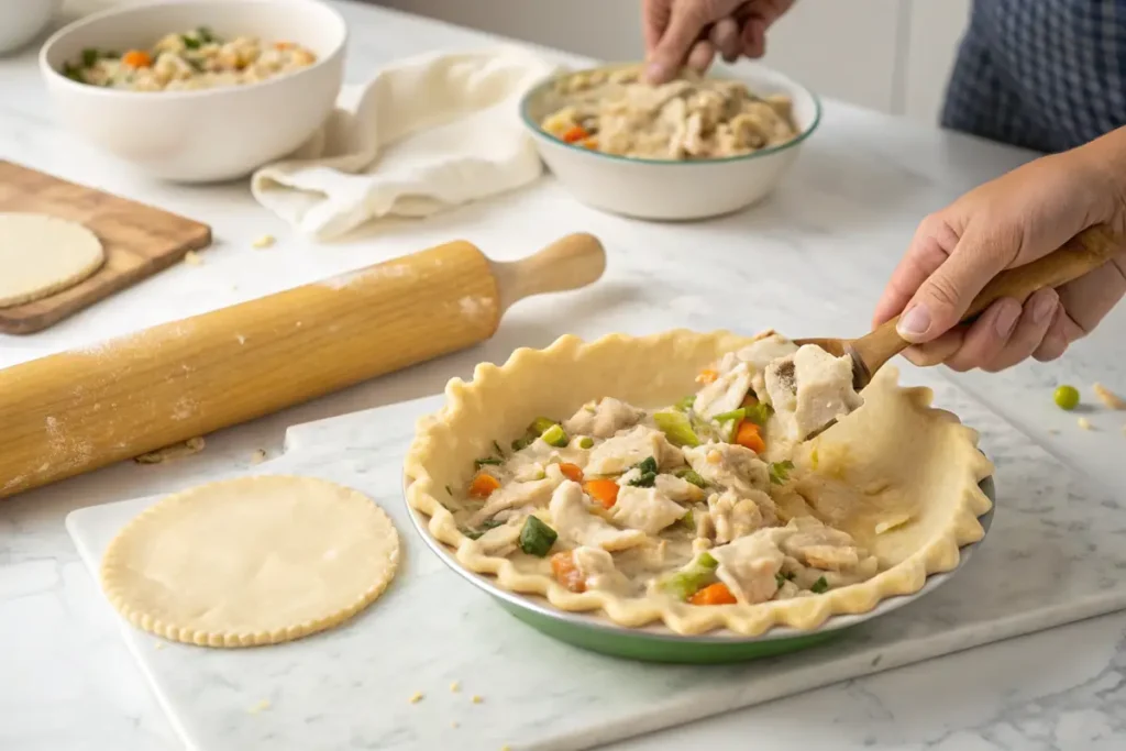 Assembling chicken pot pie