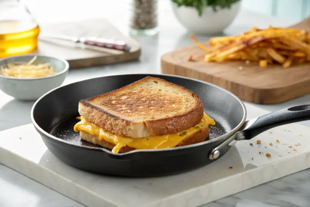 Starbucks grilled cheese sandwich cooking in a skillet