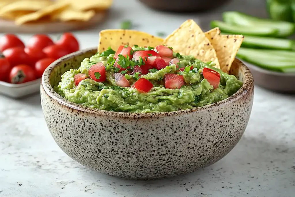 Guacamole in a rustic bowl with tortilla chips and veggie sticks.