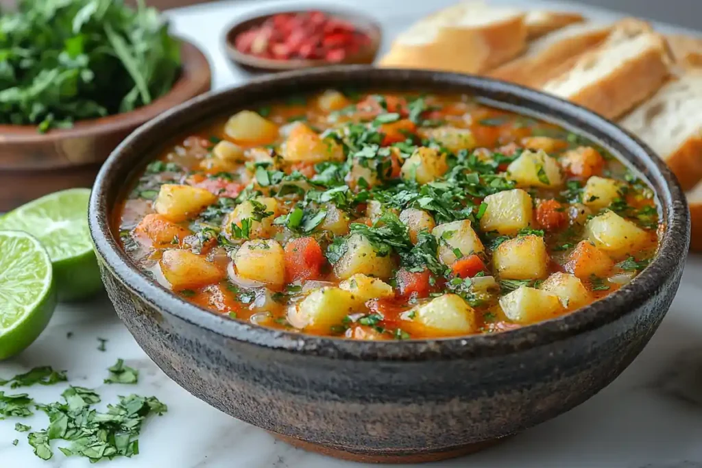 Khoresh Gheymeh stew with spices and bread on white marble.