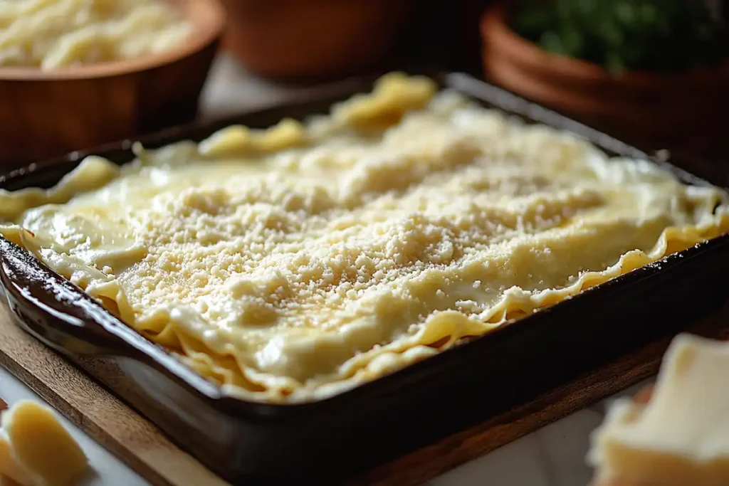 Assembled lasagna in a baking dish with layers of béchamel and cheese.