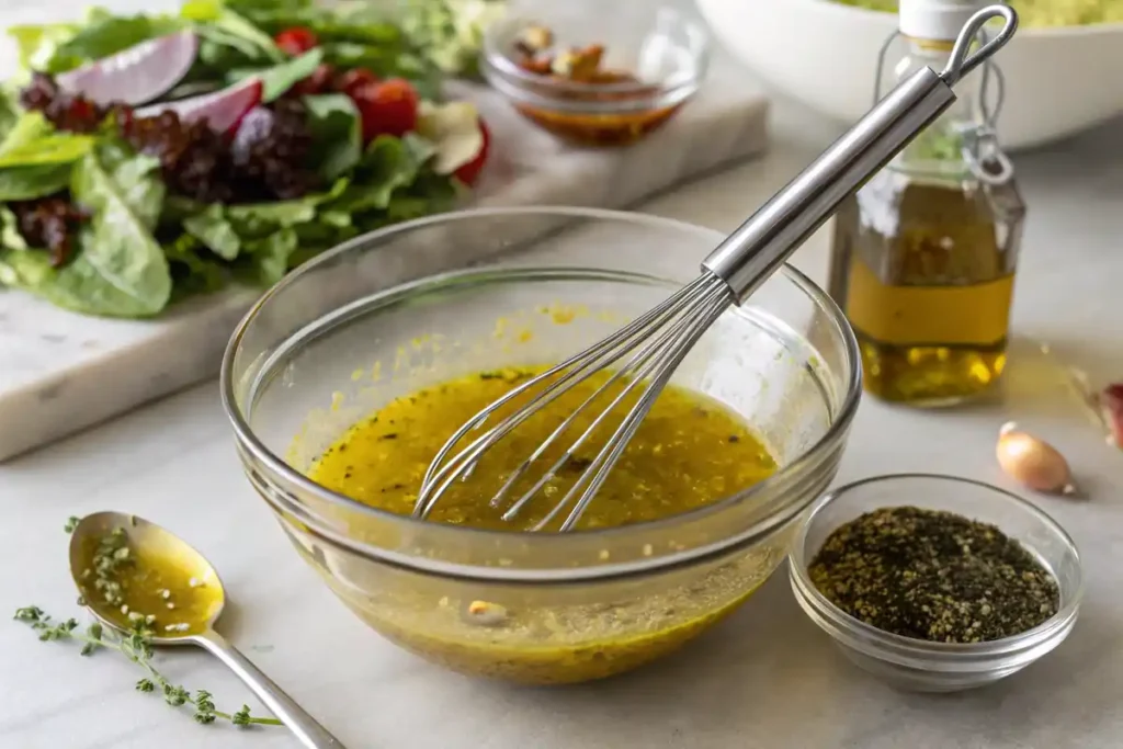 Whisking honey Dijon dressing for kale salad