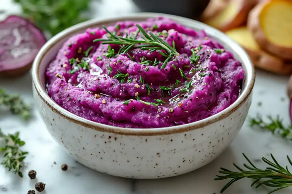 Mashed purple sweet potatoes in a white bowl.