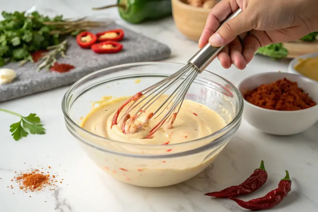 Whisking homemade Bang Bang Sauce in a glass bowl