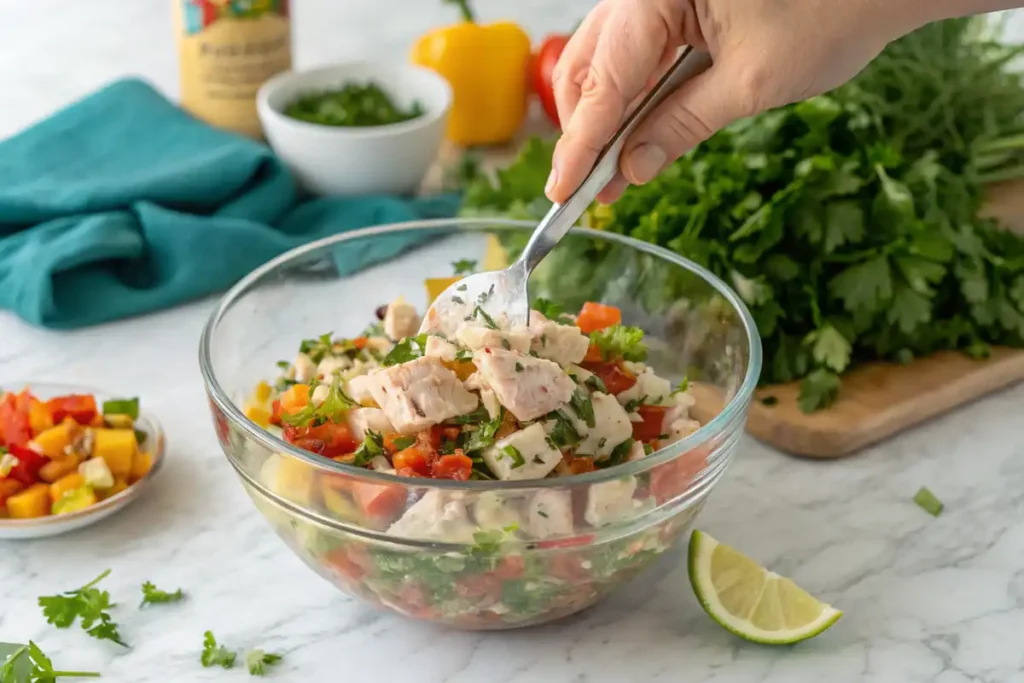 Mixing chicken salad in a bowl