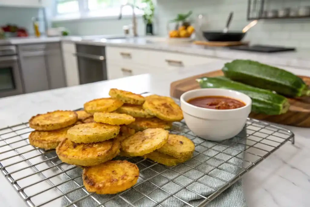 Golden fried squash slices on a rack