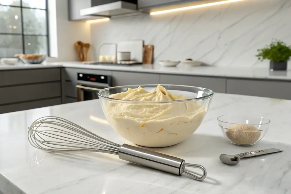 Bisquick waffle batter in a mixing bowl