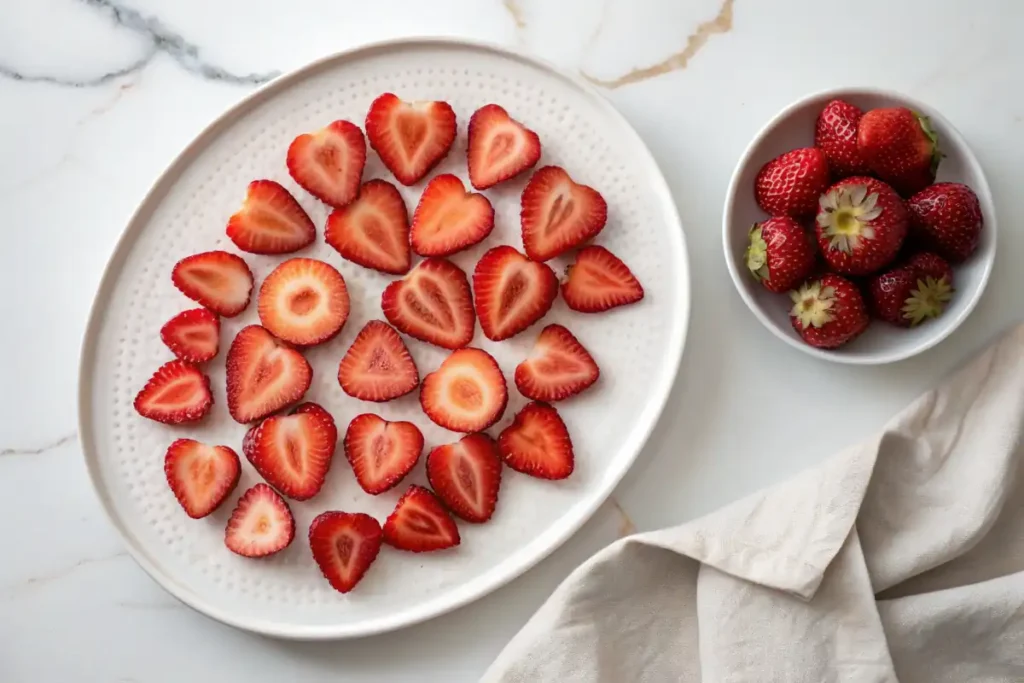 Hollowed strawberries on a marble countertop ready for filling.