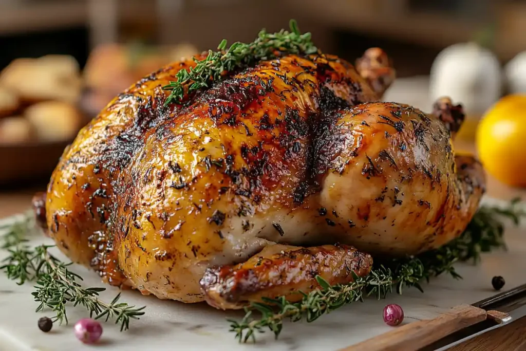 Roasted turkey with golden-brown skin after a turkey injection recipe.