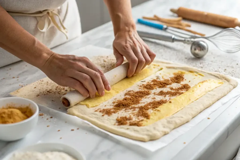 Rolling sourdough cinnamon roll dough