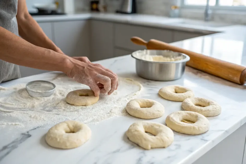 Hands shaping sourdough bagels on a floured marble countertop