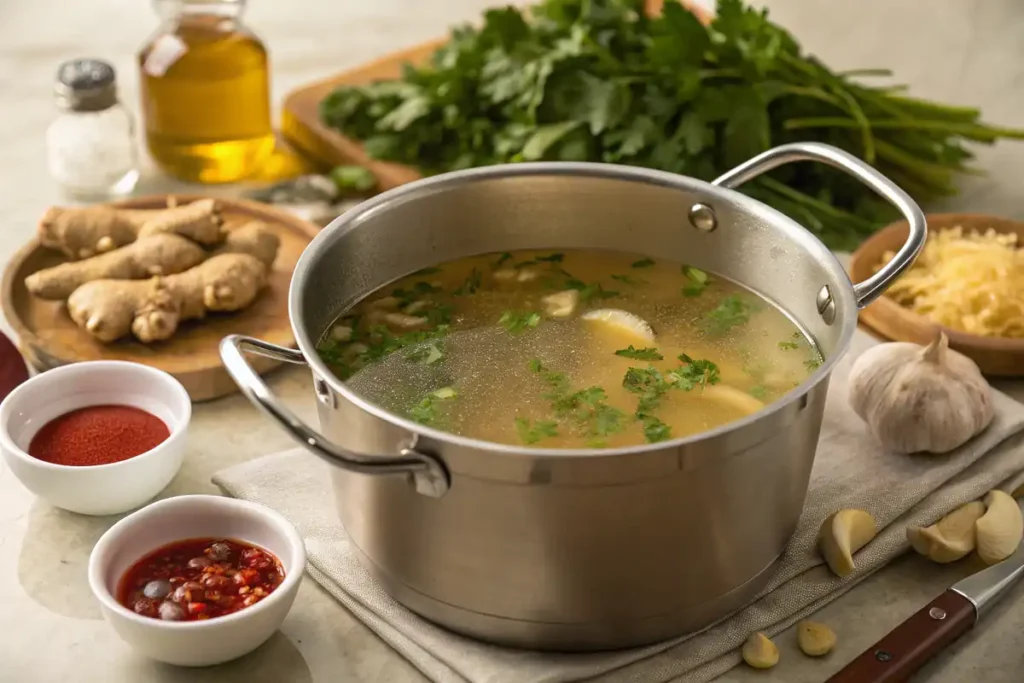 Simmering chicken broth for wonton noodle soup