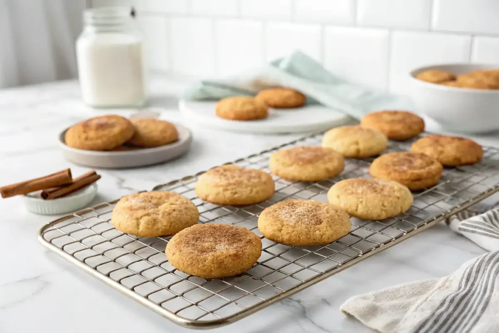 Snickerdoodles cooling on a wire rack.