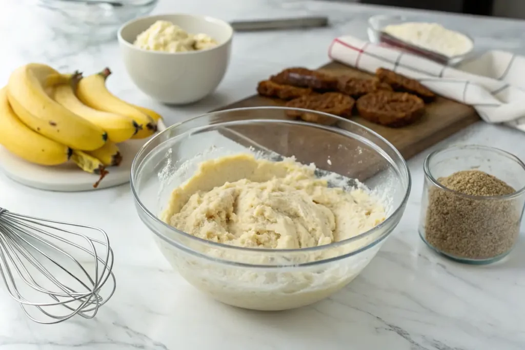 Preparing batter for banana bread recipe with cake mix