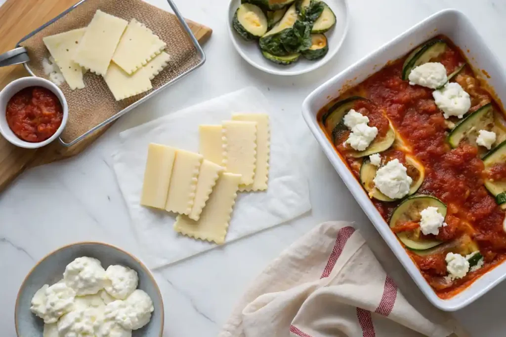 Layering veggie lasagna with sauce, vegetables, and cheese.