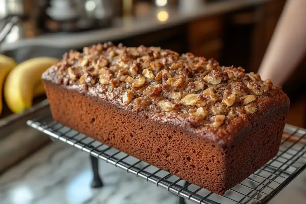 Starbucks banana bread cooling on a wire rack in a cozy kitchen.