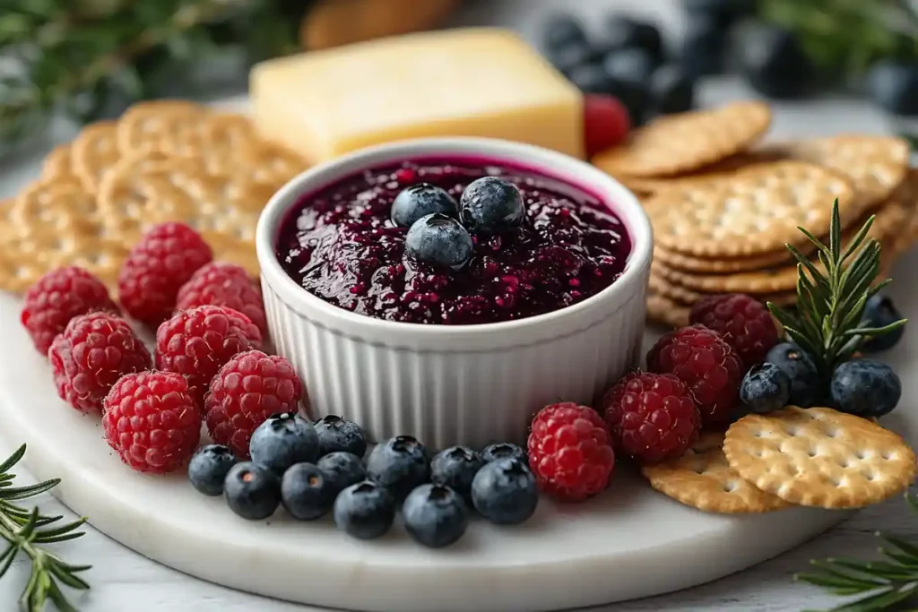 Charcuterie board with blueberry compote and artisan cheeses