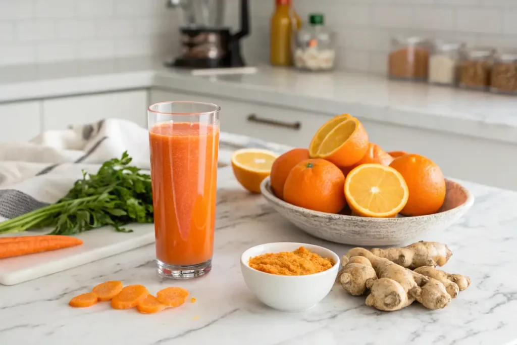 Carrot juice with optional ingredients and pulp