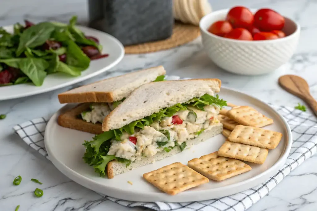 Chicken salad sandwich with crackers