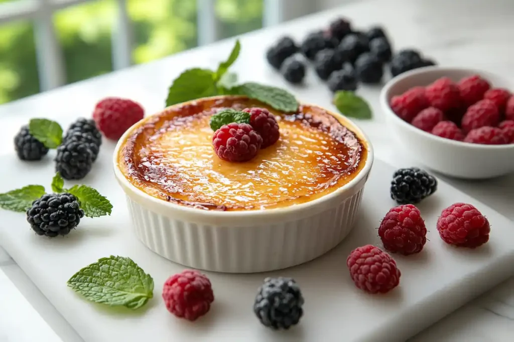 A caramelized crème brûlée topped with fresh berries and mint leaves on a marble countertop.