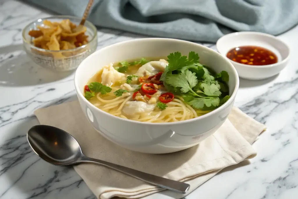 Assembled bowl of wonton noodle soup