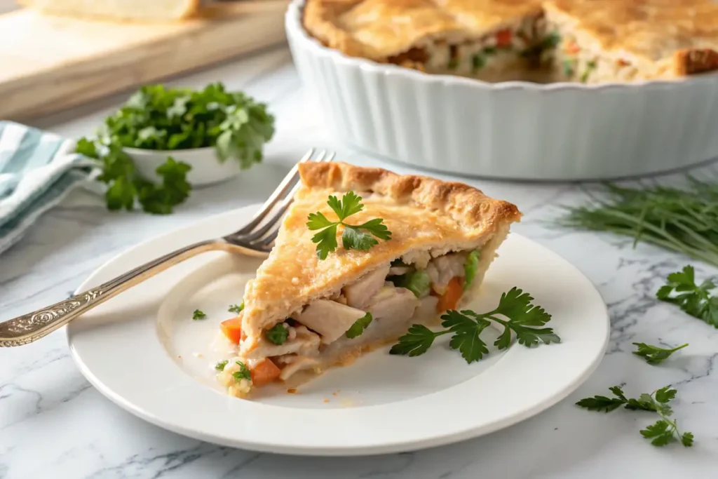 Slice of chicken pot pie on a plate