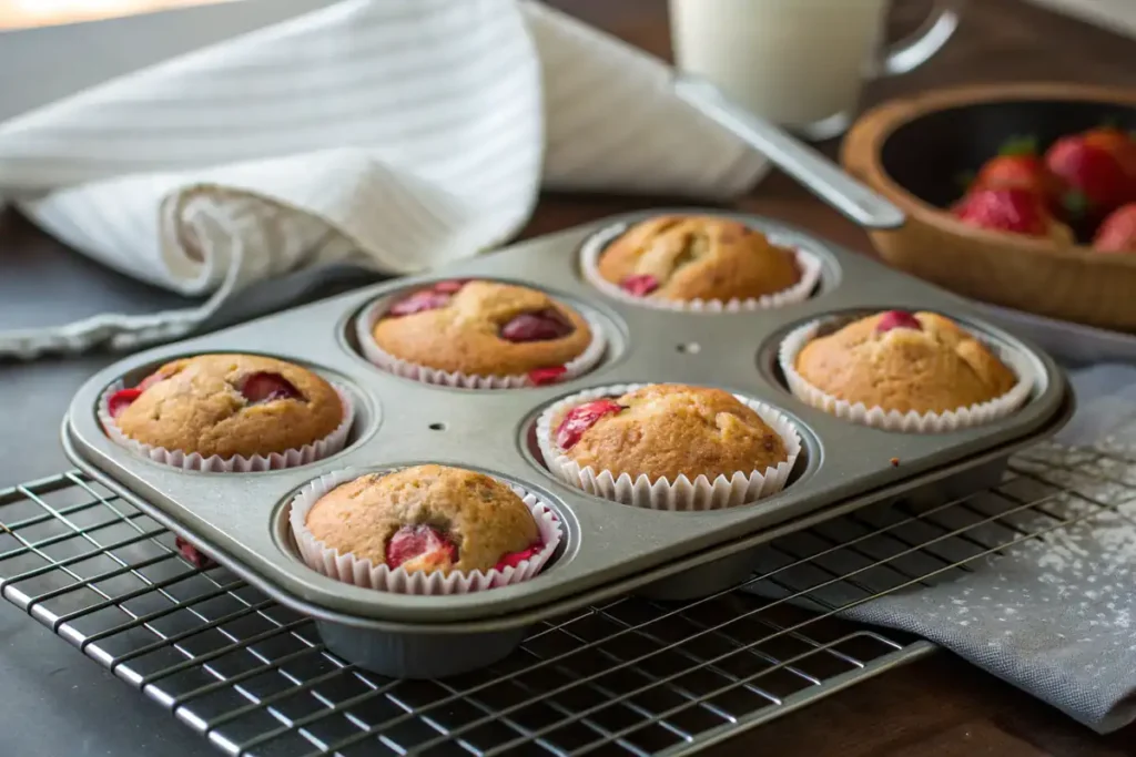 Golden-topped muffins from a Strawberry muffin recipe cooling in a muffin tin fresh from the oven.