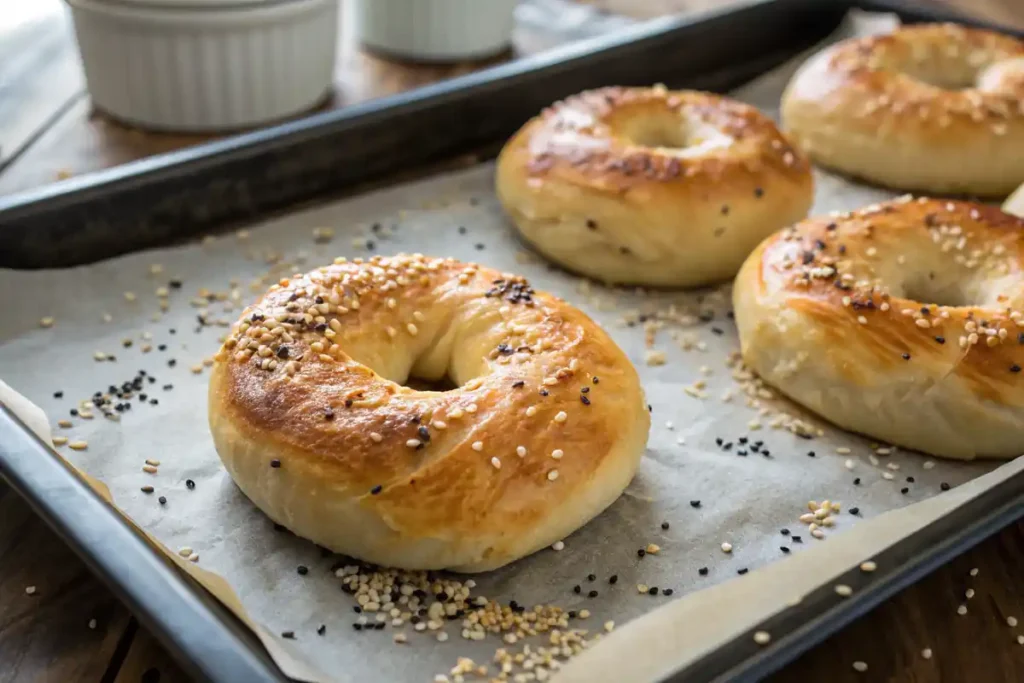 Golden-brown sourdough bagels on a parchment-lined baking sheet