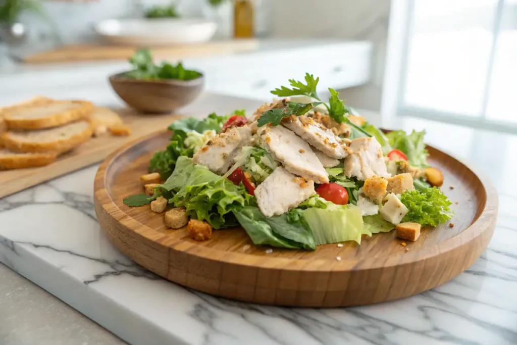 Garnished chicken salad serving on a plate	