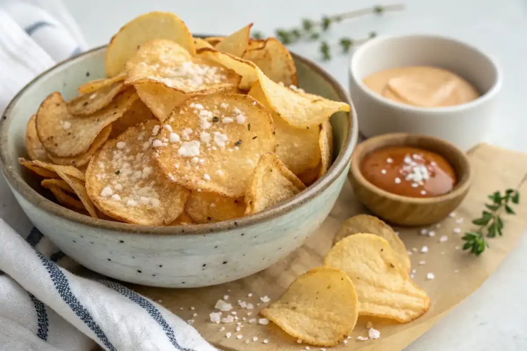 Crispy gluten-free potato chips with sea salt and dip