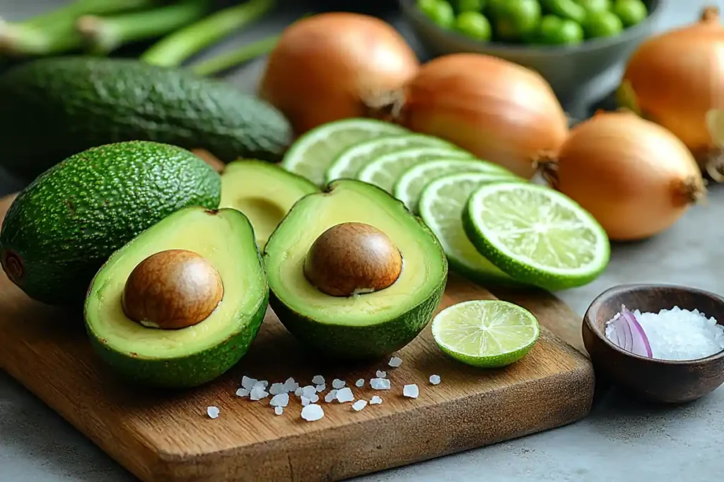 Four ingredients for guacamole on a cutting board: avocado, lime, onion, salt.