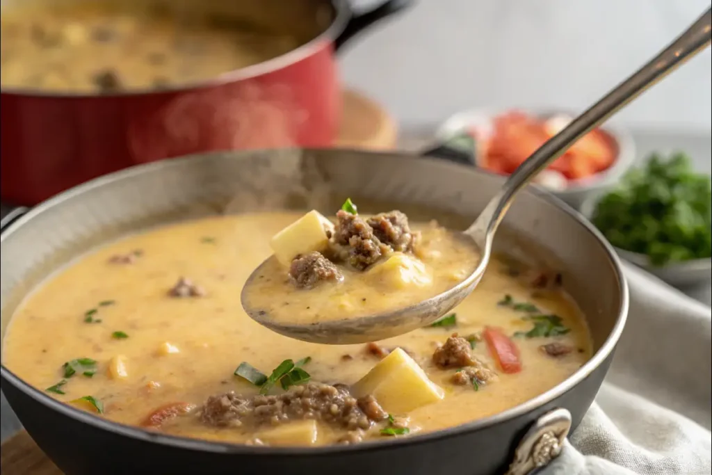 Ladle of creamy hamburger and potato soup