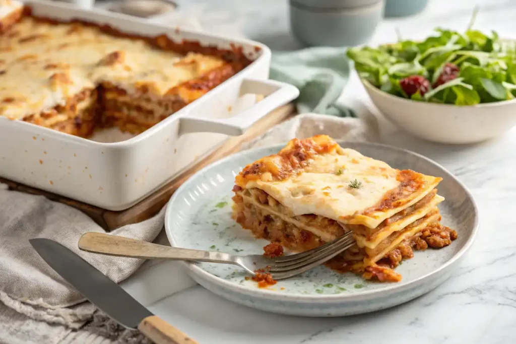 A slice of lasagne served on a plate with visible layers.