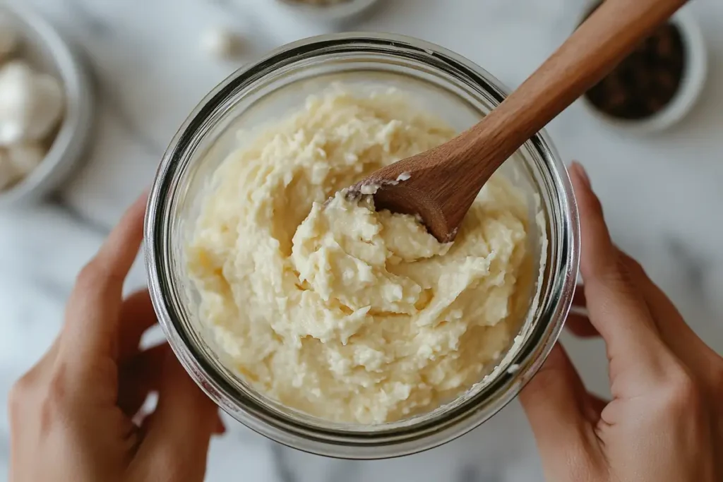 Hands mixing Knorr vegetable dip on a marble counter