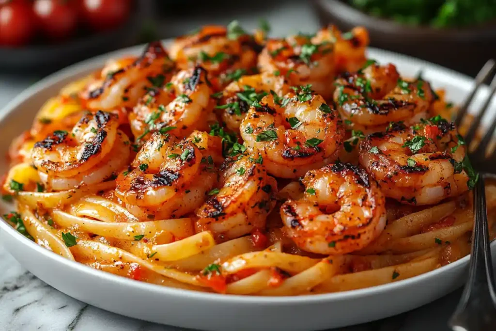 Fettuccine with Cajun Alfredo Sauce and grilled shrimp