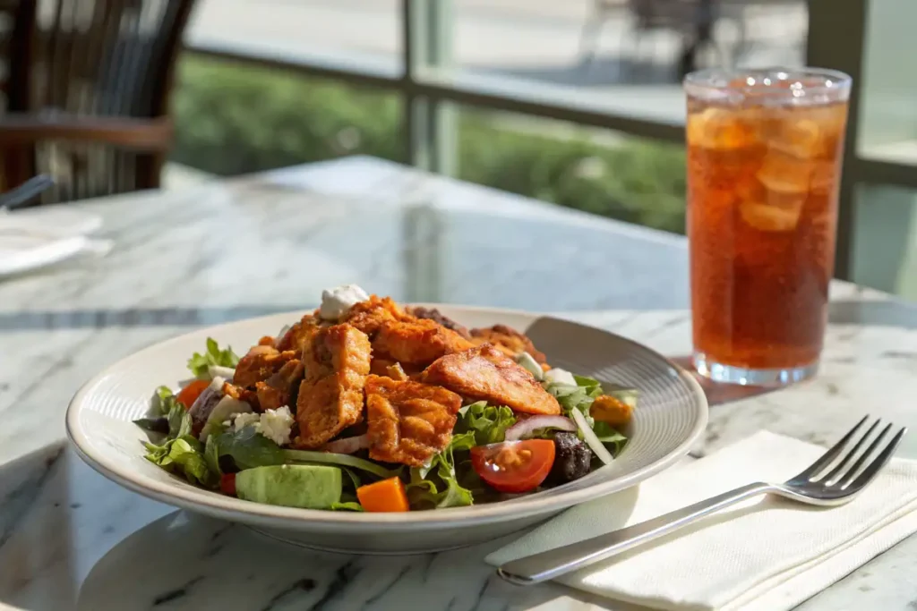 Plated Buffalo Chicken Salad with Iced Tea