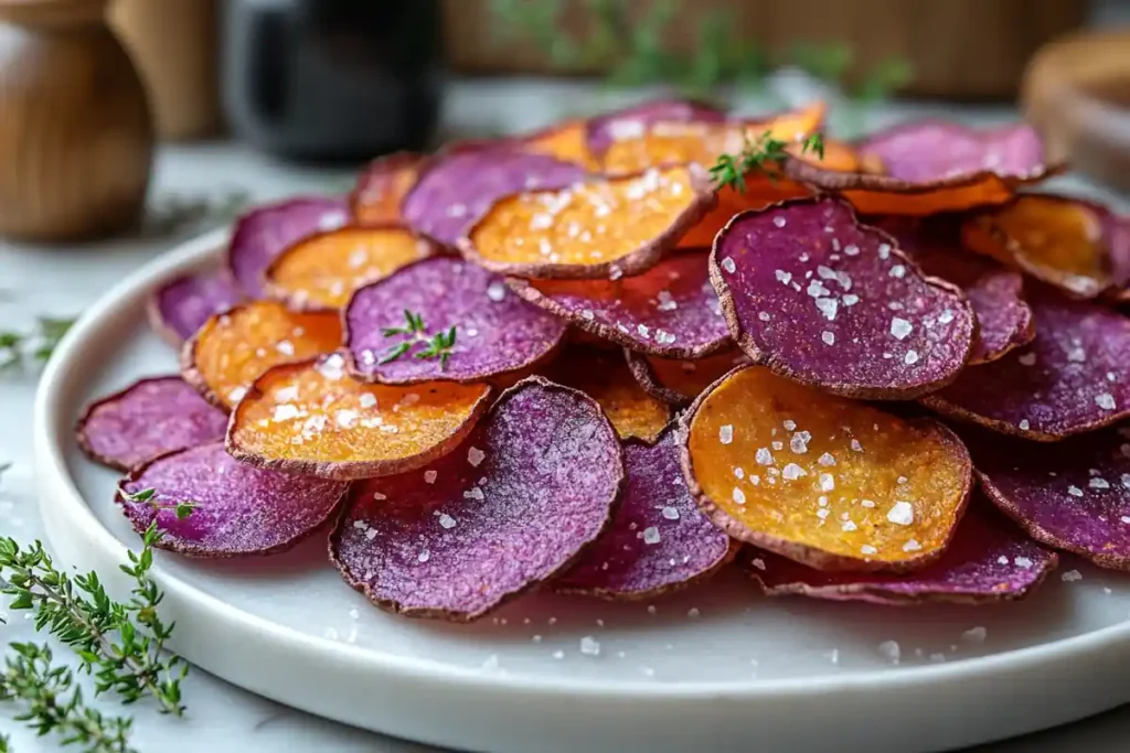 Crispy purple sweet potato chips on a white plate.