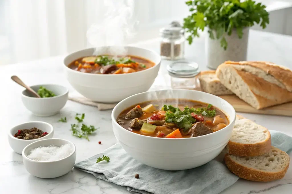 Serving bowls of old fashioned vegetable beef soup