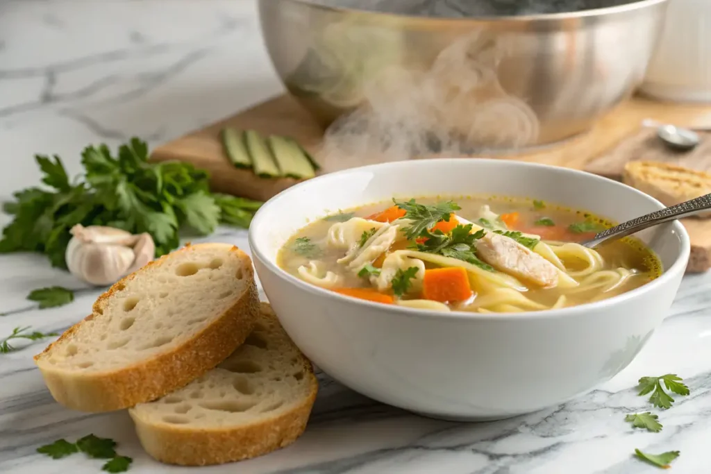 Chicken noodle soup cooking in a pot