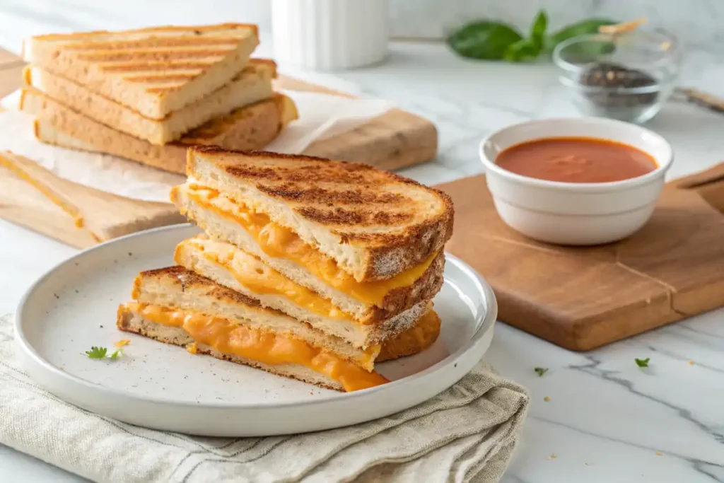 Sliced Starbucks grilled cheese sandwich served with tomato soup