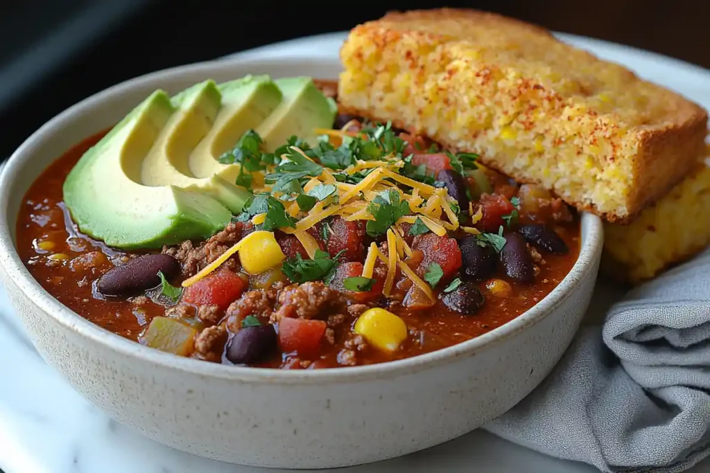 Plated Bowl of Chili with Cornbread on White Marble