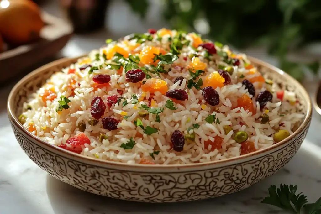 Shirin Polo with dried fruits and pistachios on decorative plate.