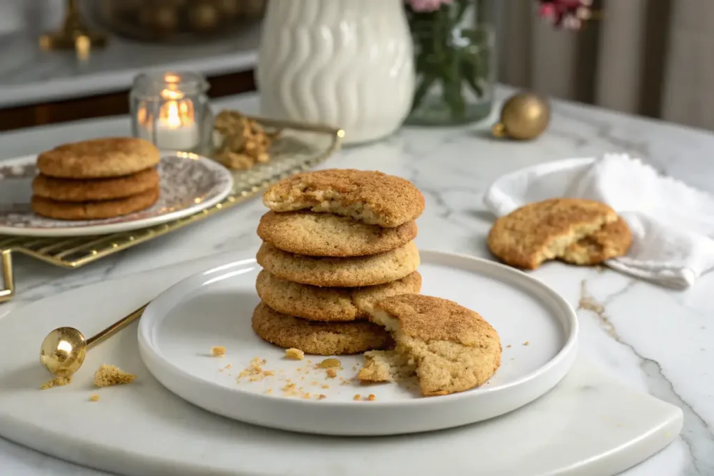 A stack of snickerdoodles with a bite taken out of one cookie.