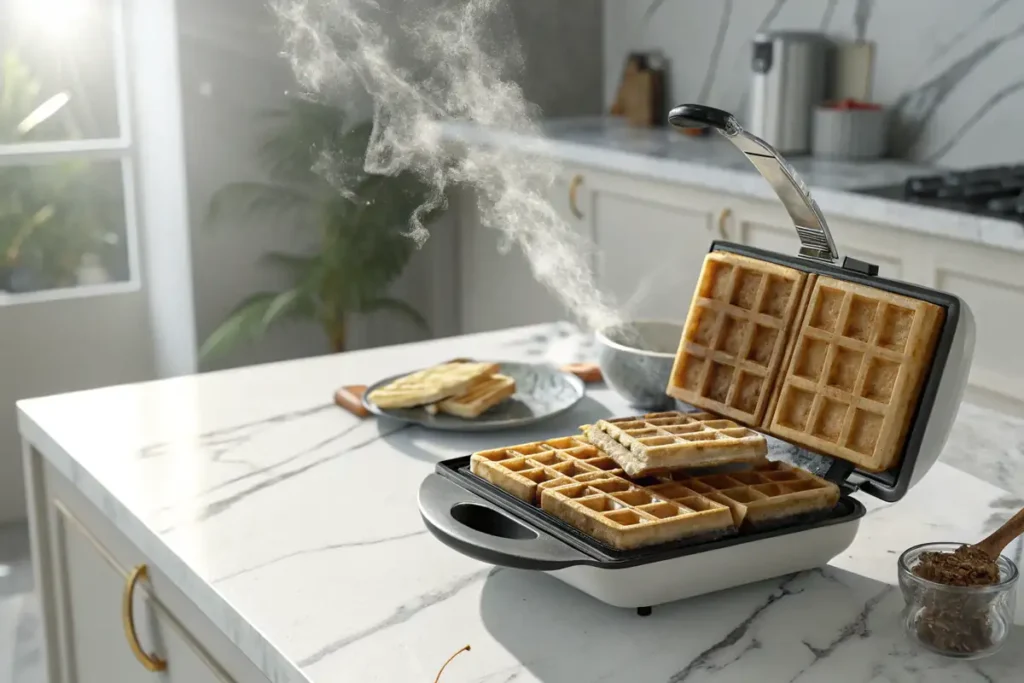 Waffles cooking in a waffle iron