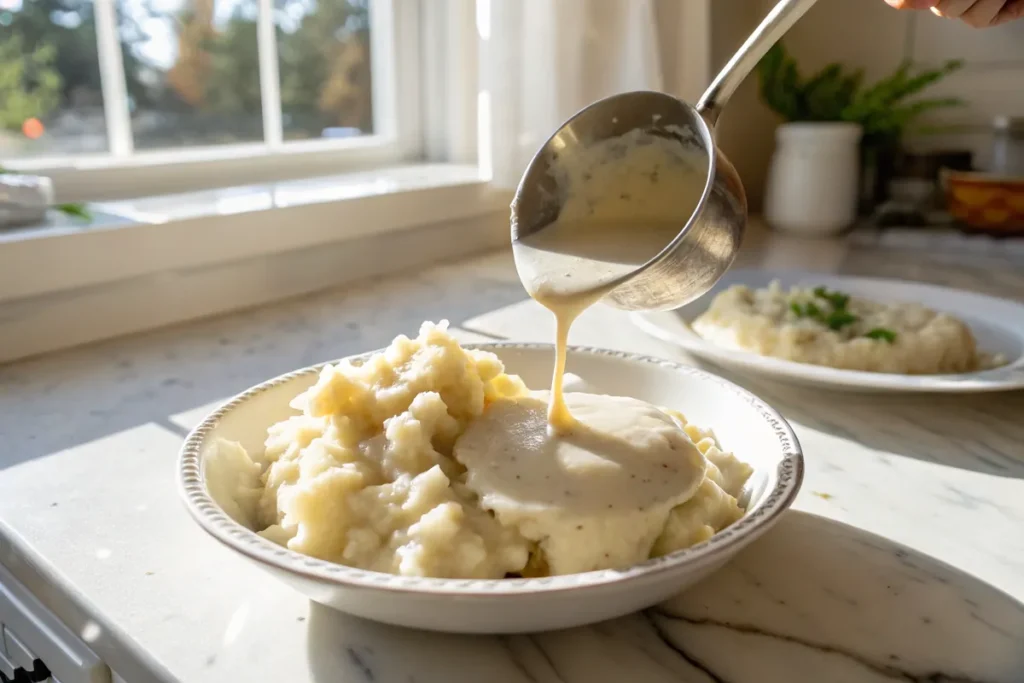 Ladle pouring white gravy recipe