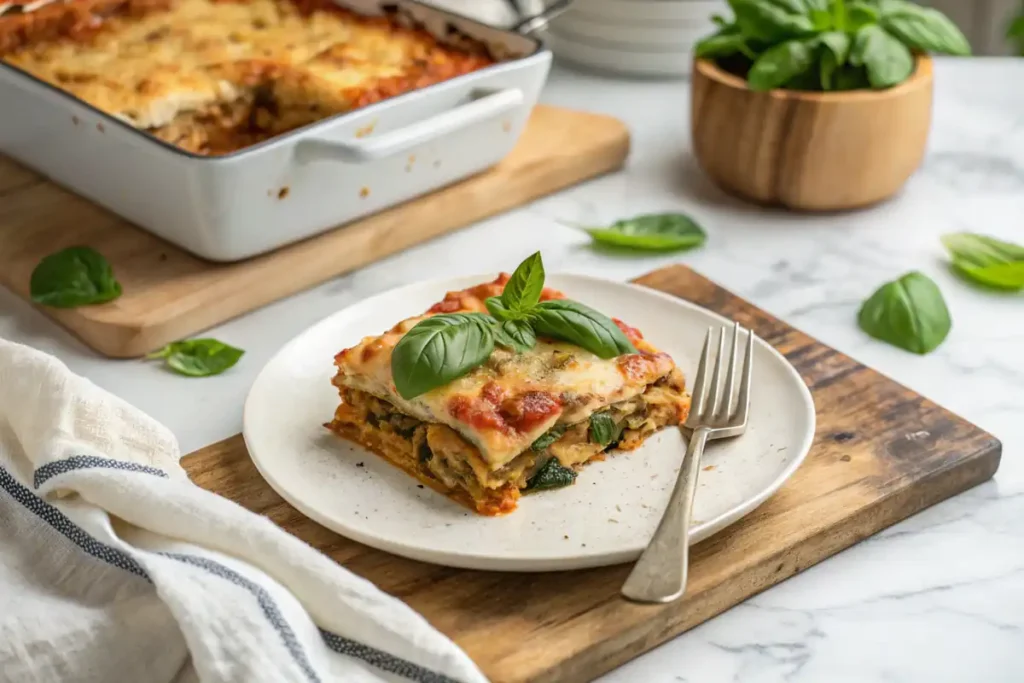 A serving of veggie lasagna garnished with basil.