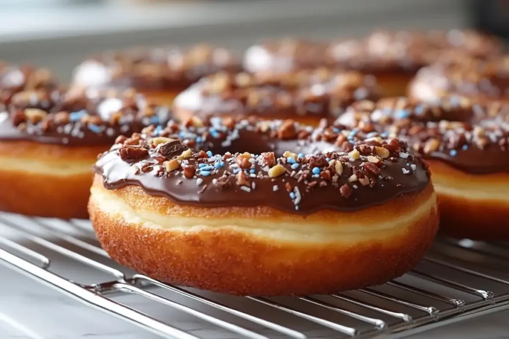 Freshly baked chocolate frosted donuts with assorted toppings on a cooling rack.